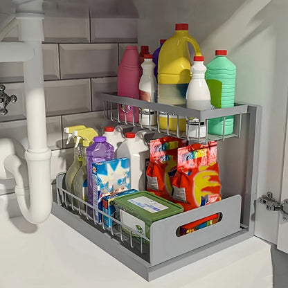 1 pz. Scaffale estraibile a doppio strato da posizionare sotto il lavandino, mensola multifunzionale in acciaio al carbonio per cucina e bagno, adatta per organizer di articoli essenziali e prodotti per la pulizia - Nero/Bianco