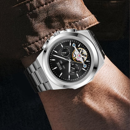 Orologio da uomo elegante automatico meccanico con cinturino in acciaio inossidabile, con funzioni business e sportive, display multipli, calendario, lancette luminose e design scheletrato. Un regalo perfetto per uomo.