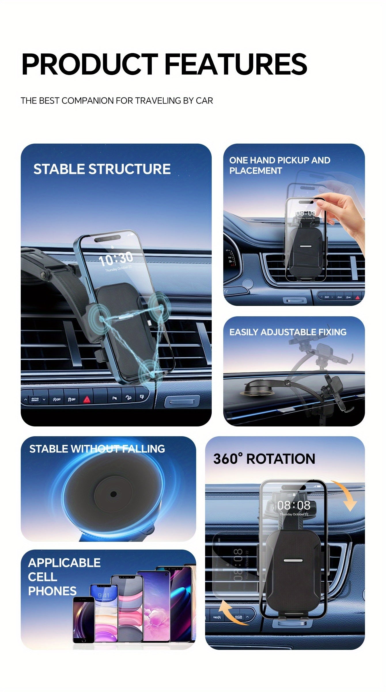 Supporto Auto per Telefono Aggiornato - Braccio Regolabile con Impugnatura Ergonomica, Forte Ventosa e Design Ellittico, Compatibile con iPhone, Samsung, Smartphone Android, General Motors, Accessori alla Moda, Tappetino Antiscivolo con Texture