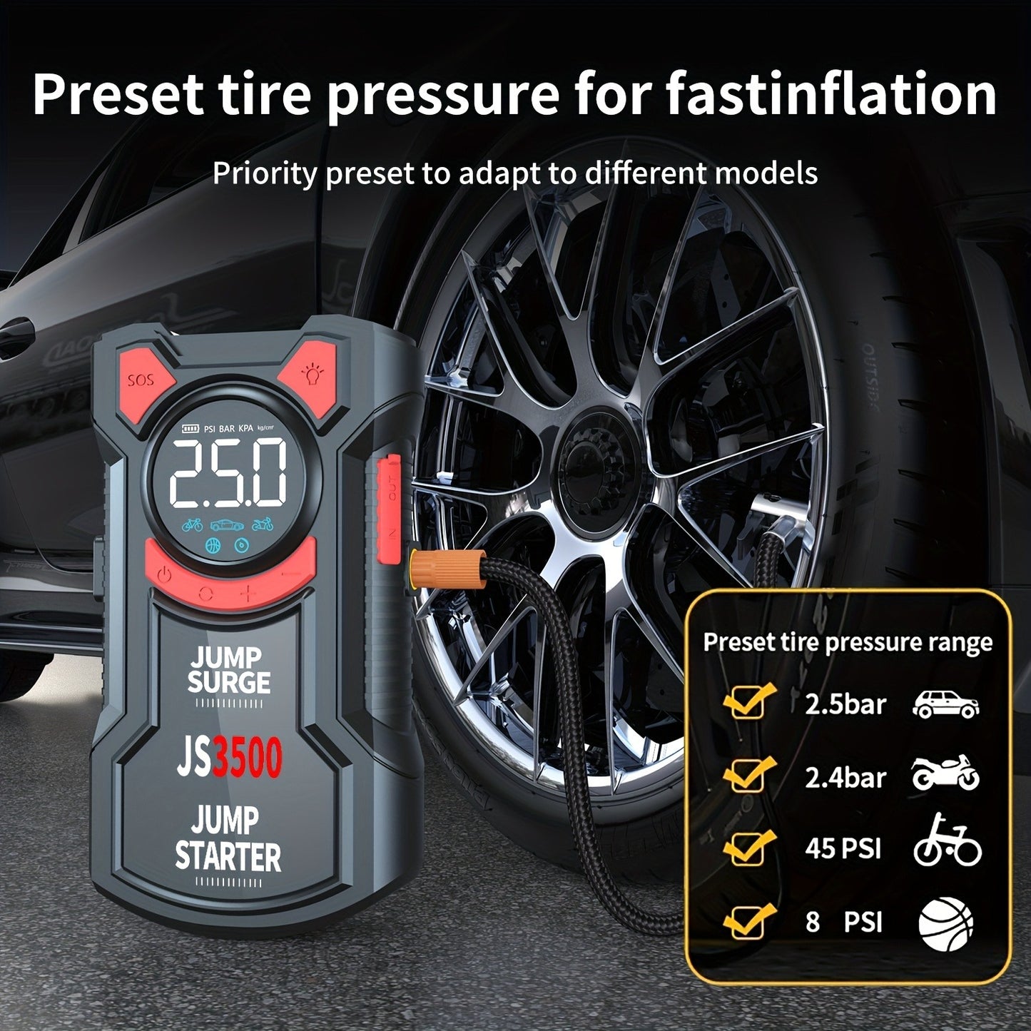 Avviatore di emergenza portatile per auto da 5000A di picco con compressore d'aria da 150PSI, caricabatteria per auto a 12V per fino a 10.0L benzina/9.0L diesel, ricarica rapida QC3.0, gonfiatore digitale per pneumatici e luce di emergenza a LED
