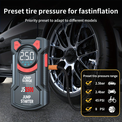 Avviatore di emergenza portatile per auto da 5000A di picco con compressore d'aria da 150PSI, caricabatteria per auto a 12V per fino a 10.0L benzina/9.0L diesel, ricarica rapida QC3.0, gonfiatore digitale per pneumatici e luce di emergenza a LED