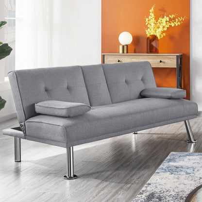 Costoffs Divano Letto a 3 Posti Divano Trasformabile con 2 Braccioli Staccabili Mobile Imbottito con Supporto Centrale Porta Bicchieri Divanetto Reclinabile da Salotto