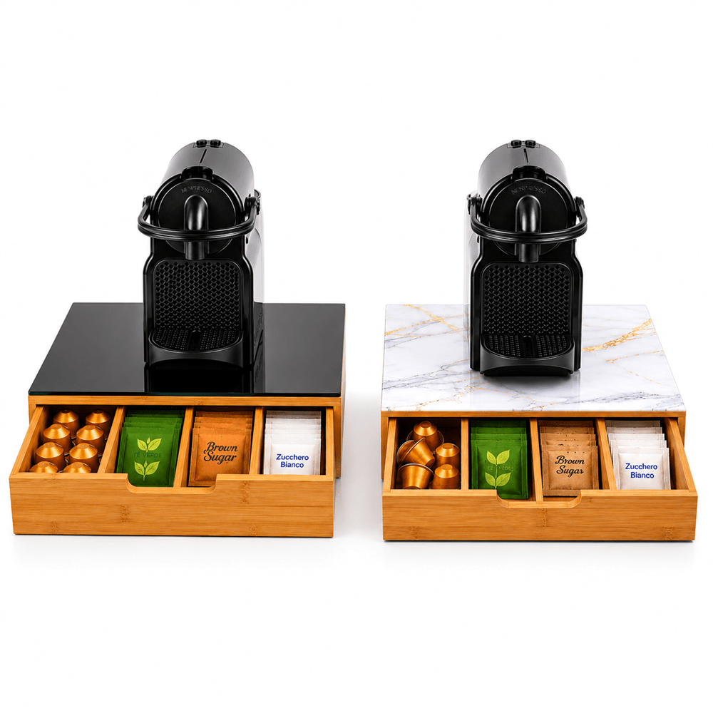 Porta cialde Organizer Bambù per Cialde con Vetro Temperato Organizer Capsule Caffè Cassetto Porta Oggetti Cassetto Minuteria Mobiletto Porta Tè Cassetto Cucito 4 Scomparti Separati