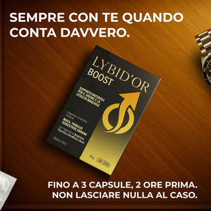 Lybid'Or BOOST Integratore Uomo Forte per Vigore e Prestazioni - Effetto Potente e Duraturo con Maca Peruviana, Tribulus Terrestris, Arginina, Citrullina, Ginseng, Zinco