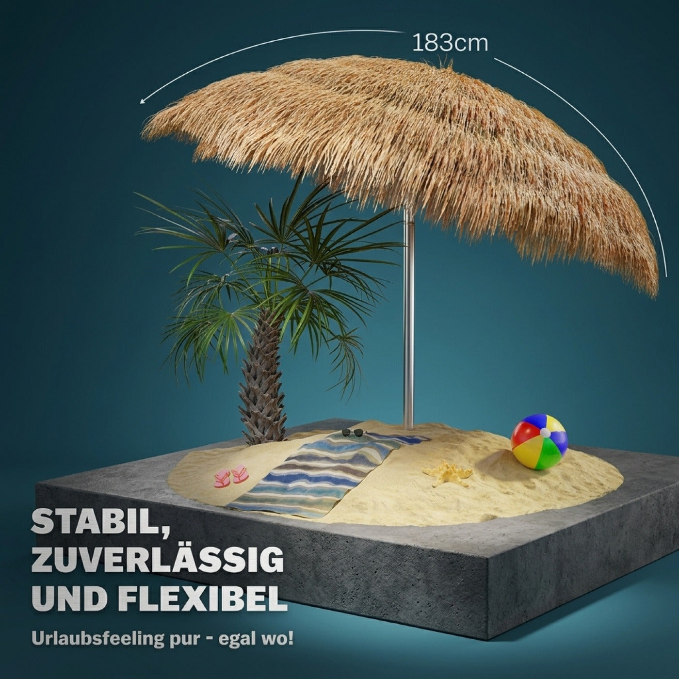 Ombrellone Hawaiano a Forma di Sole Ø160cm, Pieghevole, Inclinabile, Altezza Regolabile, Protezione UV 30+, Grande Ombrellone Rotondo Rotondo da Balcone e Spiaggia in Paglia, Ombrellone Hawaiano Bast, Marrone