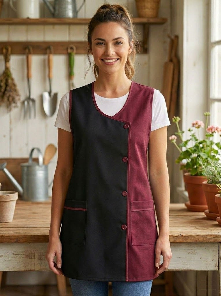 Grembiule da cucina liscio da donna, confortevole e resistente, dettagli moderni e funzionali: tasche frontali e bottoni frontali Utilizzo: cucina, casa, lavoro e attività quotidiane