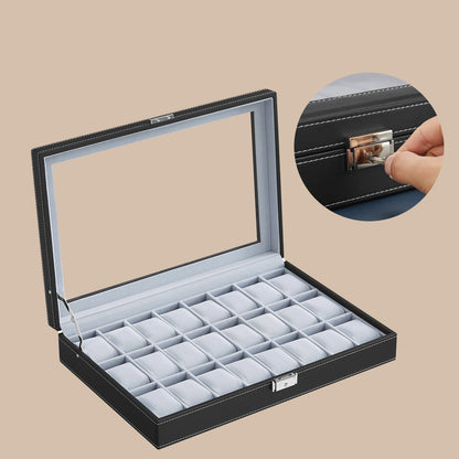 Scatola per Orologi, con Serratura, Custodia, Organizer, con 24 Scomparti, Coperchio in Vetro, PU