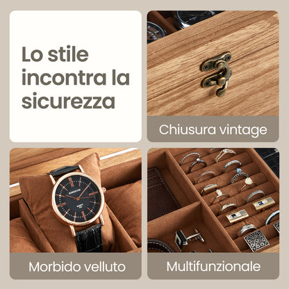 Scatola per Orologi, Porta Orologi in Legno, Scatola Portaorologi a 2 Livelli, 12 Posti, con Coperchio in Vetro, Cuscinetti per Orologi, Rivestimento in Velluto, scatola di conservazione a grande capacità per la casa, scelta ideale per i regali, scomparti