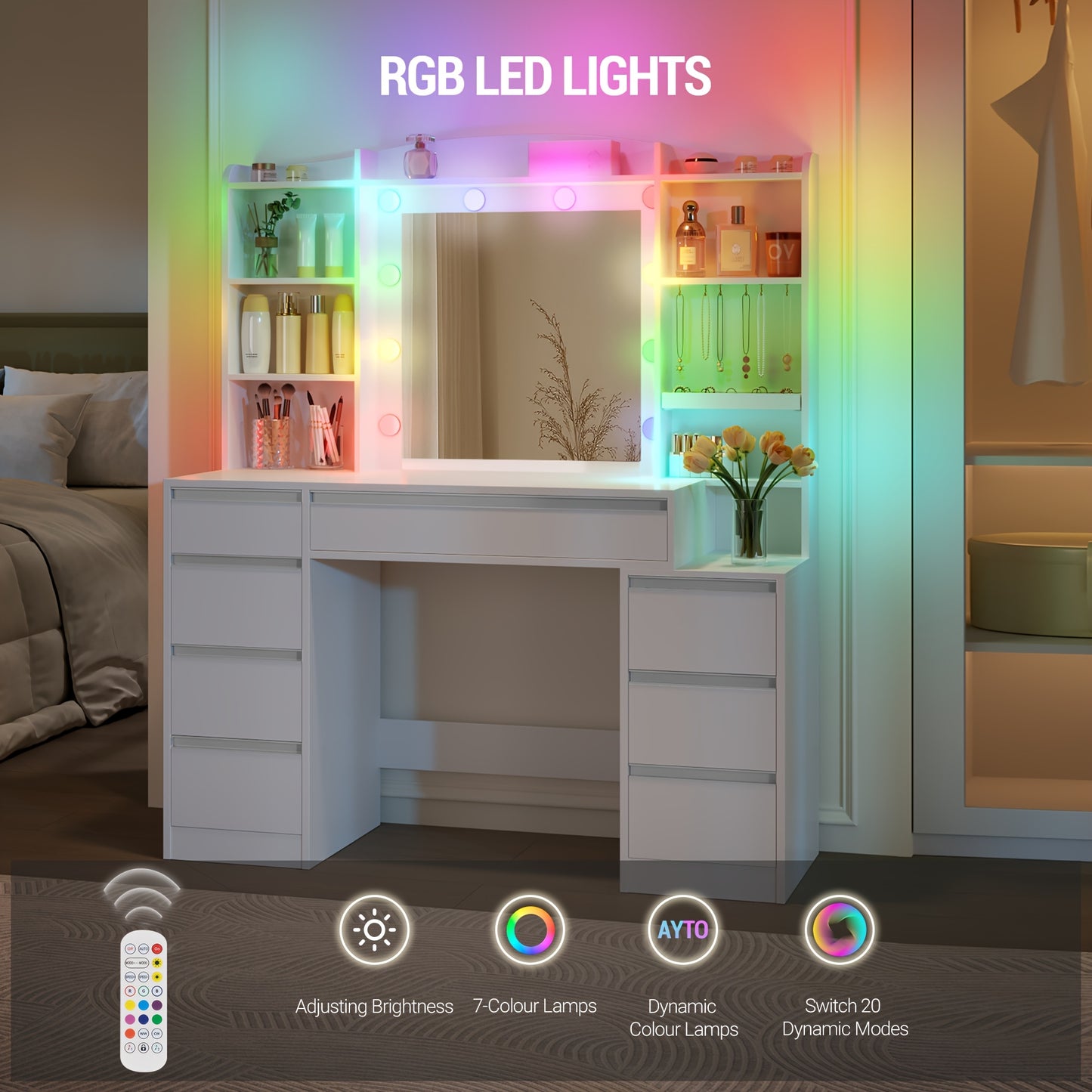 Tavolo da trucco con 8 cassetti, grande specchio con illuminazione LED RGB, ripiano portagioie integrato, piano di lavoro largo 120 cm con comodino, bianco