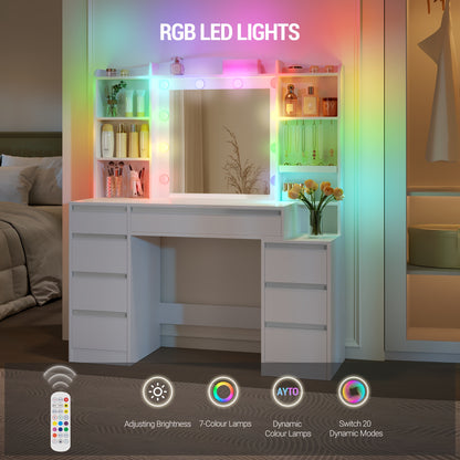 Tavolo da trucco con 8 cassetti, grande specchio con illuminazione LED RGB, ripiano portagioie integrato, piano di lavoro largo 120 cm con comodino, bianco