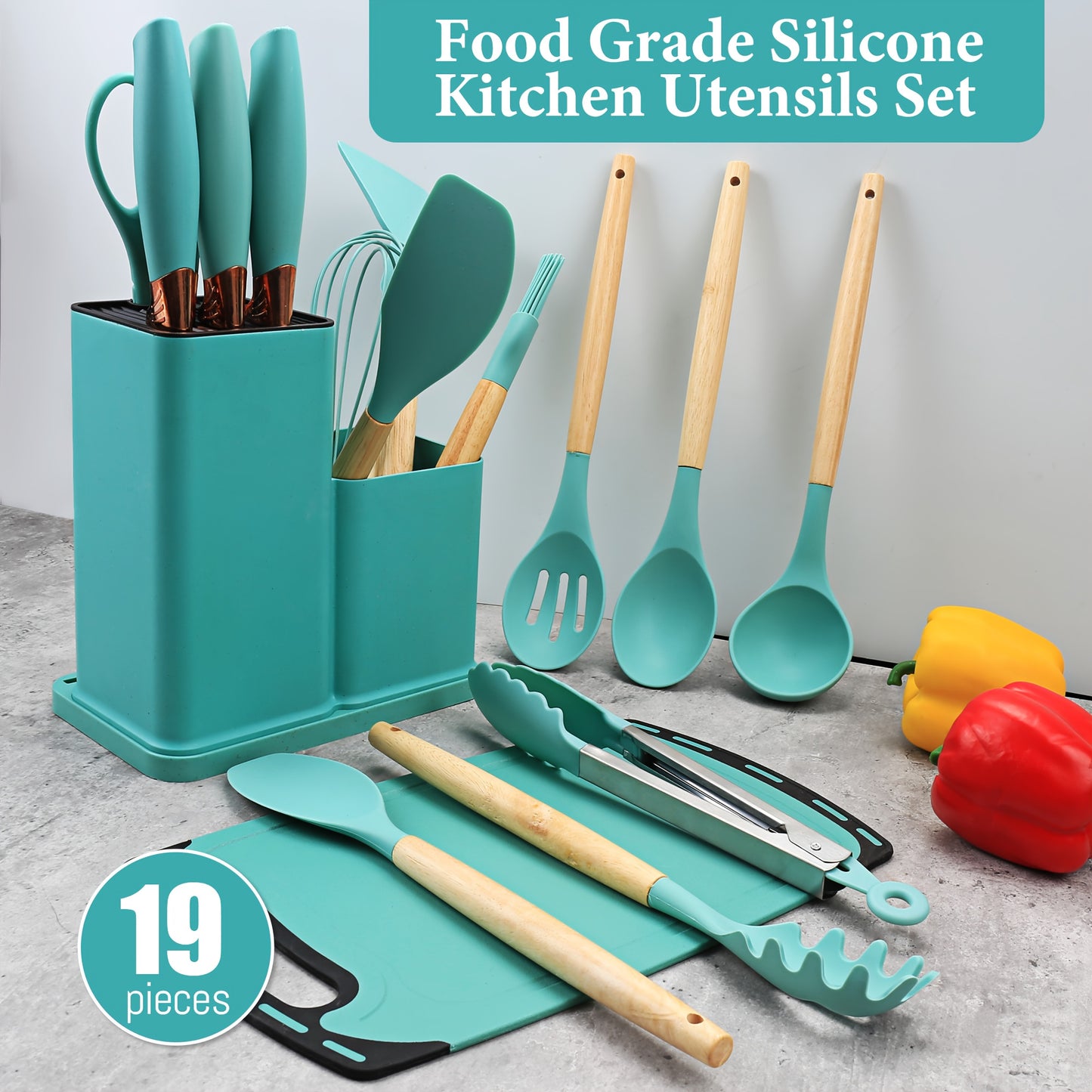 Set da 19 pezzi, Coltello da cucina, Set da cucina, Set di utensili da cucina (con manici in legno), Set di cottura di sicurezza, Set di utensili da cucina antiaderenti, Pentole moderne lavabili, Utensili da cucina, Adatto per regali di Natale e Halloween