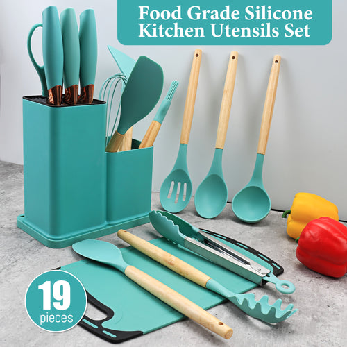 Set da 19 pezzi, Coltello da cucina, Set da cucina, Set di utensili da cucina (con manici in legno), Set di cottura di sicurezza, Set di utensili da cucina antiaderenti, Pentole moderne lavabili, Utensili da cucina, Adatto per regali di Natale e Halloween