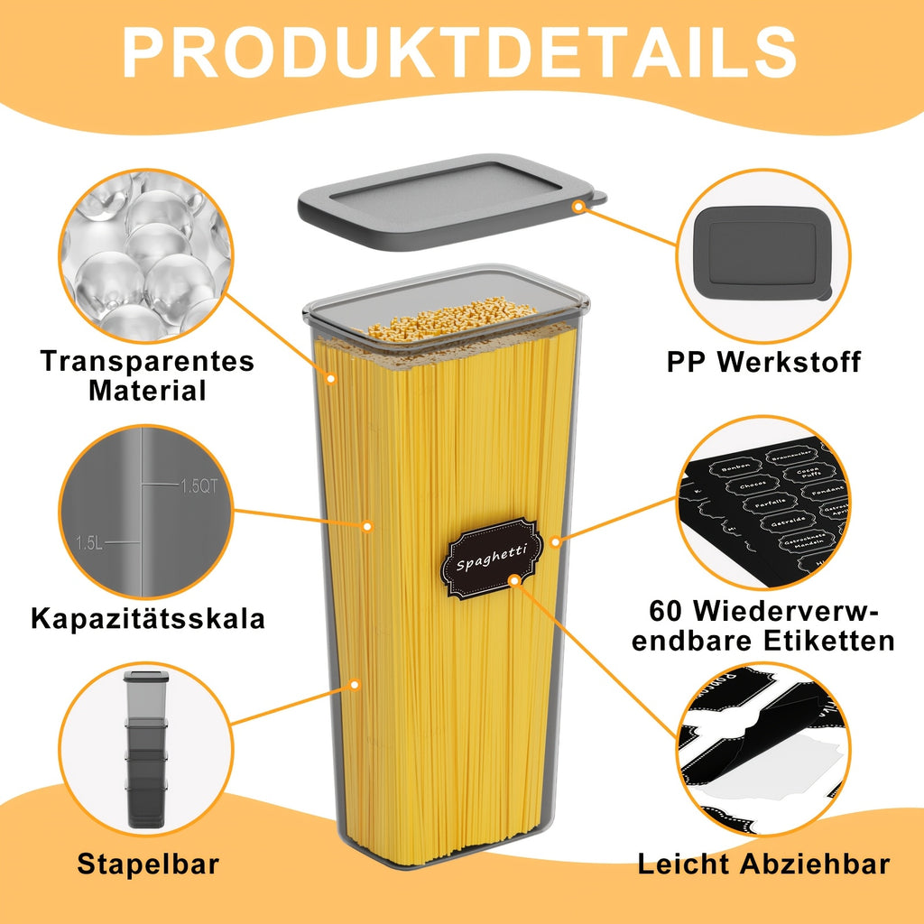 Kit di 52 contenitori per alimenti in plastica sigillati - 26 contenitori + 26 coperchi | Speciali per cereali/farina/semi di caffè/flakes di mais - Articolo da cucina con coperchi