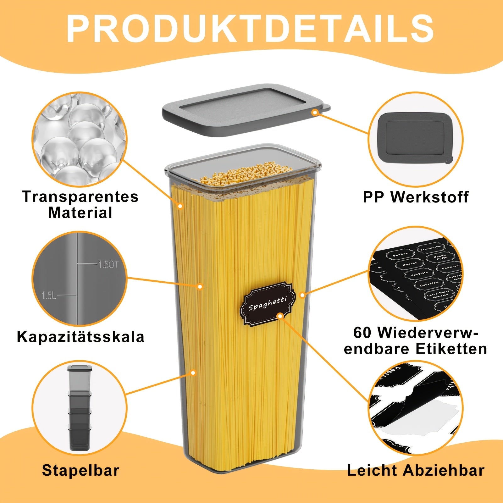 Kit di 52 contenitori per alimenti in plastica sigillati - 26 contenitori + 26 coperchi | Speciali per cereali/farina/semi di caffè/flakes di mais - Articolo da cucina con coperchi