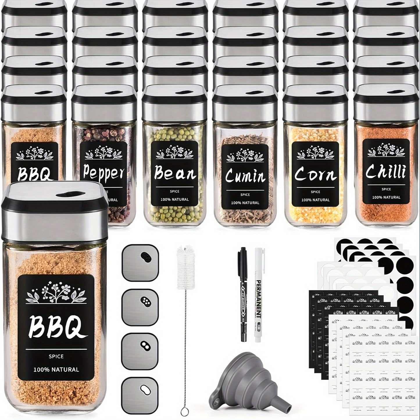 Barattoli quadri per spezie Miorkly con spruzzino integrato, 24 barattoli dosatori per spezie, set di barattoli per spezie da 120ml, scatola porta spezie, contenitori per spezie con coperchi girevoli con foro per spezie, con etichette, barattoli per spezi