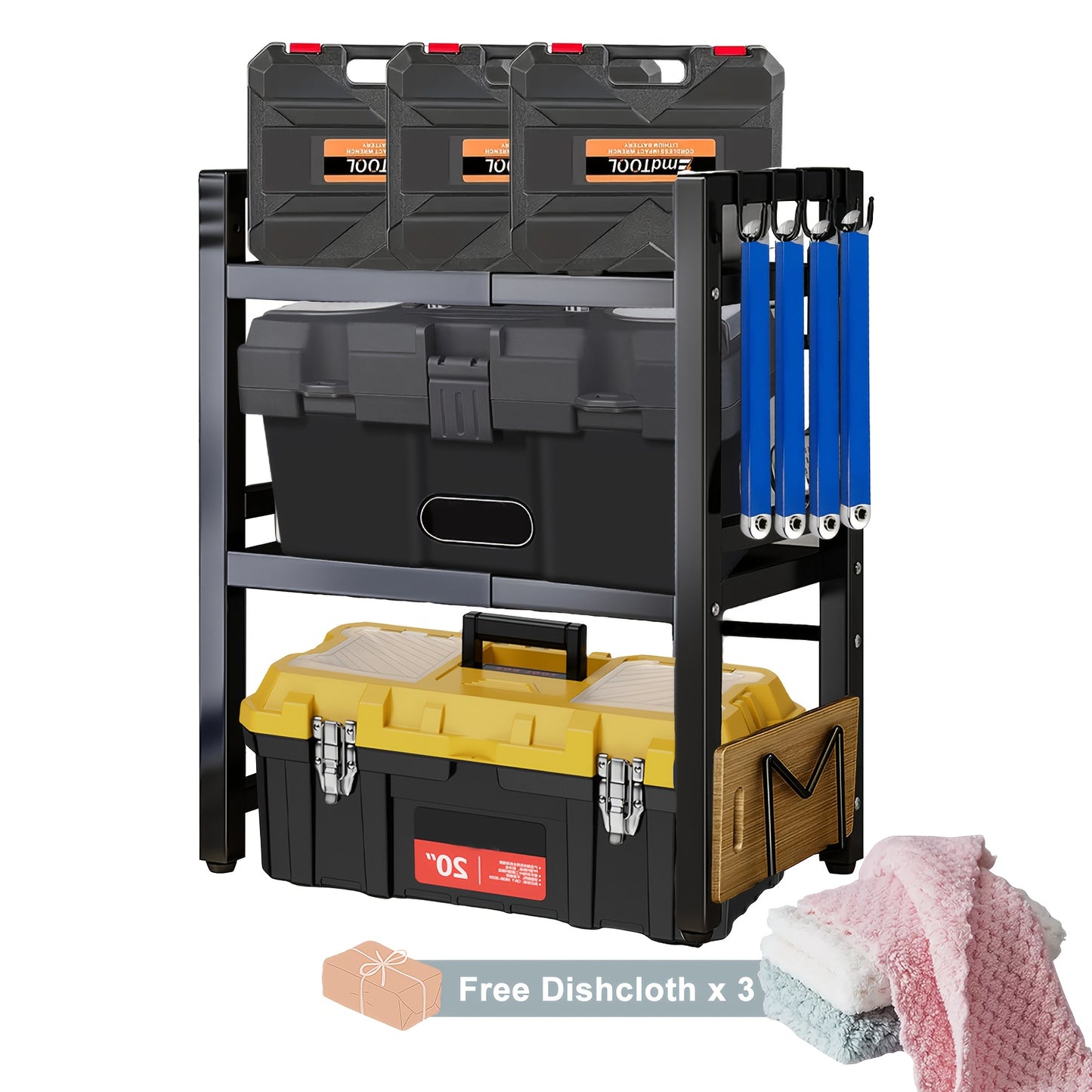 Scaffale Espandibile a 3 Livelli con 6 Ganci e 3 Porta Asciugamani; Scaffale per Garage, Cucina, Armadio; Estensibile da 40cm a 64cm; Adatto per Garage e Cucine (Bianco, Nero)