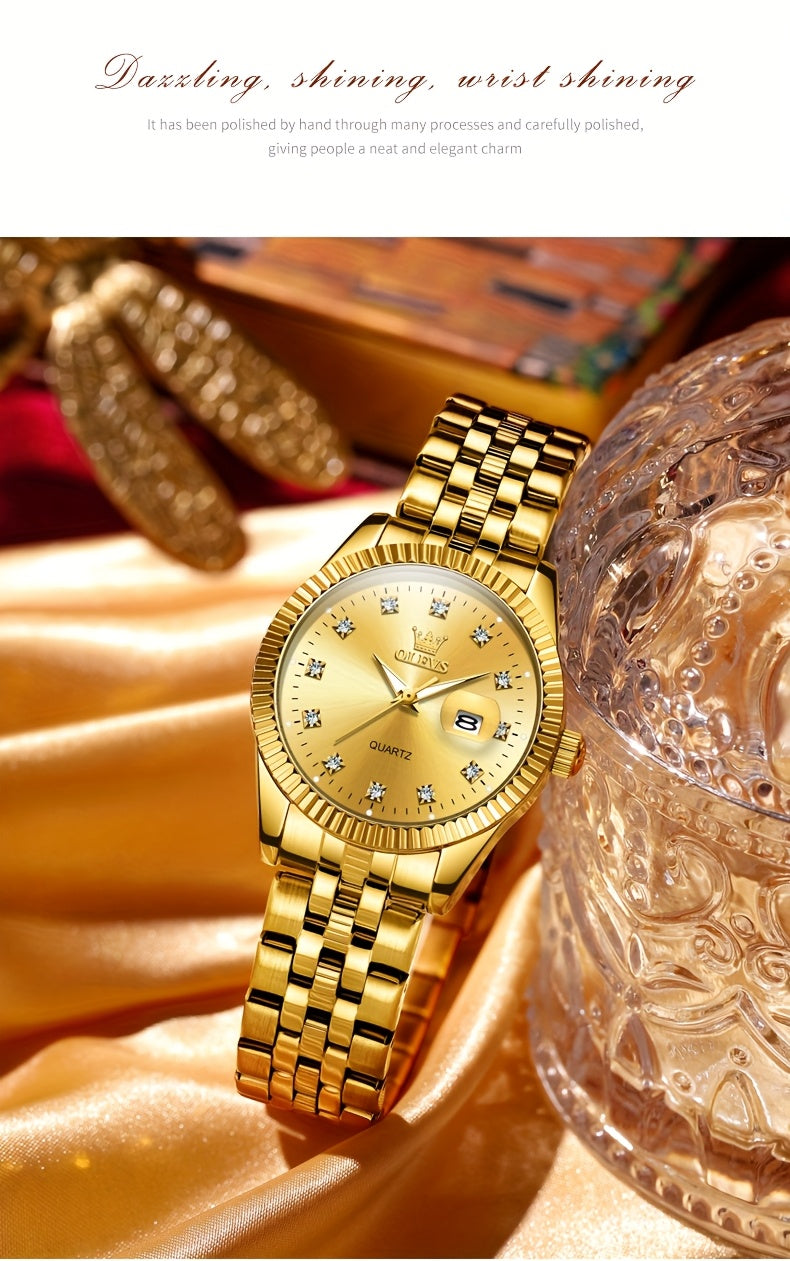 OLEVS Orologio da Donna Classico Business Dress Analogico Quarzo per Donne Elegante Lusso Acciaio Inossidabile Rheinstone Orologi da Donna Luminosi con Calendario Data per Donna Orologio da Polso Regali Romantici Reloj Para Mujer Quadrante Nero/Bianco/Dor