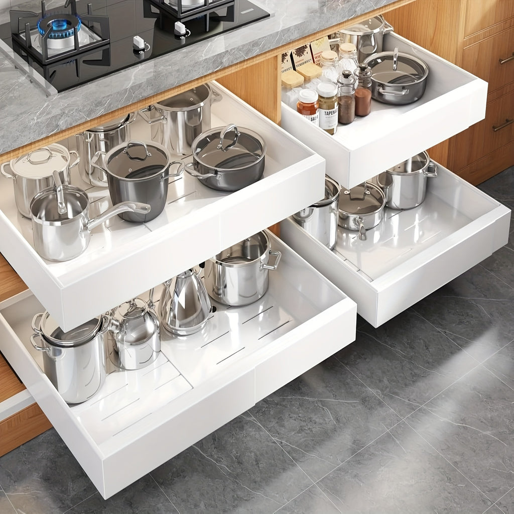 Cassetti Estraibili per Mobili da Cucina, 1 Set di Scaffali Scorrevoli, Ripiani per Dispensa in Acciaio al Carbonio Rinforzato, Cesti Scorrevoli per Lavello Senza Trapano, Ripiani per Armadietti di Facile Accesso, Adatti per Bagni e Lavanderie, Contenitor