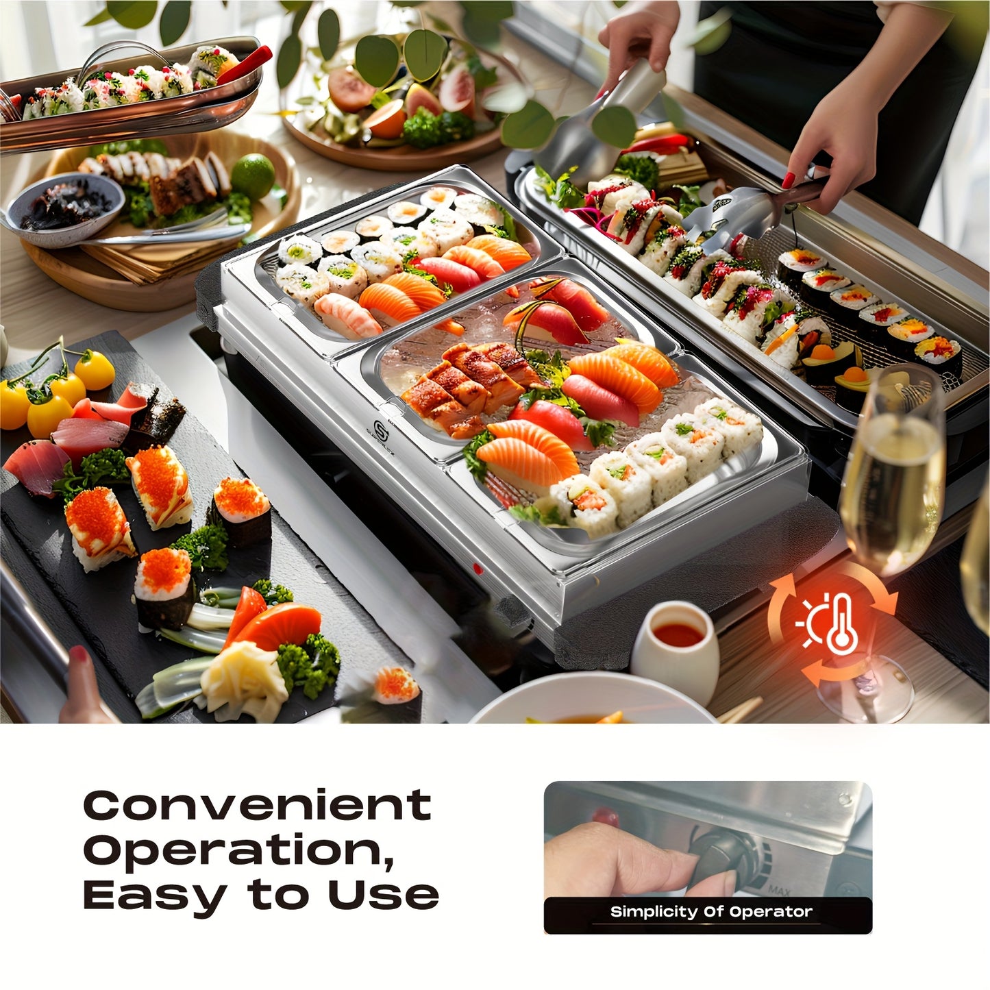 SUPERLEX Buffet Elettrico con Scaldavivande, Dotato di Tre Pentole da 1.5L, un Design Spazioso in Acciaio Inox, una Piastra Riscaldata con Coperchi Rimovibili, Impostazioni di Temperatura Regolabili e una Vassoio Riscaldante Portatile per Mantenere il Cal