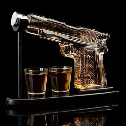 Set, caraffa da whisky da 230 ml/7.78 oz e due bicchieri da vino rosso da 50 ml/1.69 oz con base in legno, set pistola per whisky e vino, combinazione di caraffe in vetro, shaker da cocktail originale, regalo per fidanzato, papà o fratello