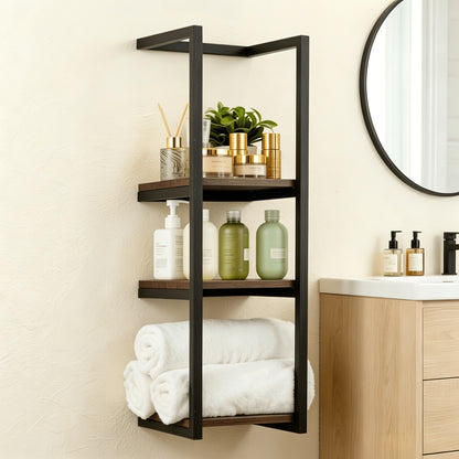 Mensola Salvaspazio per Bagno - Combo Multifunzionale Acciaio/Legno, Porta Asciugamani da Parete con Porta Essenziali | Stoccaggio Compatto per Bagni Piccoli, Appartamenti, Dormitori, Porta Asciugamani