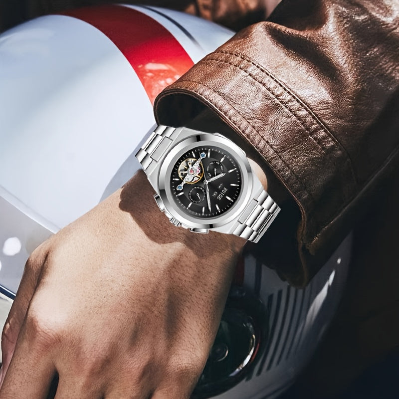 Orologio da uomo elegante automatico meccanico con cinturino in acciaio inossidabile, con funzioni business e sportive, display multipli, calendario, lancette luminose e design scheletrato. Un regalo perfetto per uomo.