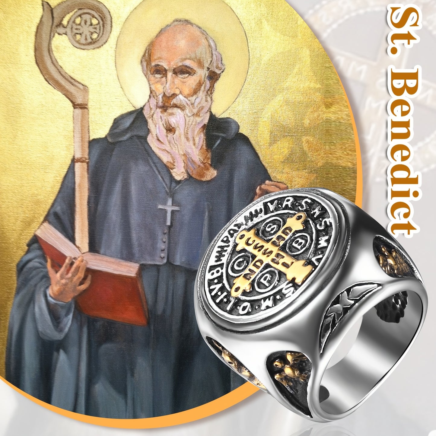 Anello in Acciaio Inossidabile con Medaglia di San Benedetto - Gioiello Vintage per Protezione e Esorcismo con Incisioni Latine, Design a Croce e Catene - Regalo Spirituale per Natale, Festa del Papà o San Valentino