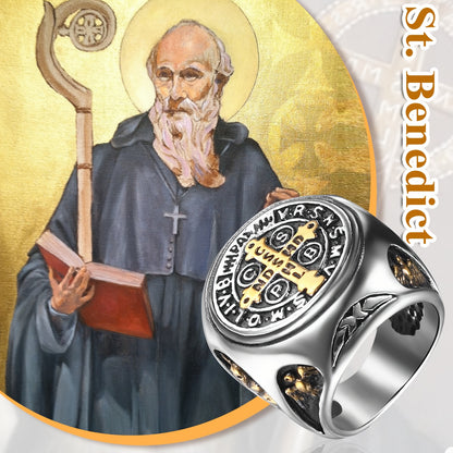Anello in Acciaio Inossidabile con Medaglia di San Benedetto - Gioiello Vintage per Protezione e Esorcismo con Incisioni Latine, Design a Croce e Catene - Regalo Spirituale per Natale, Festa del Papà o San Valentino