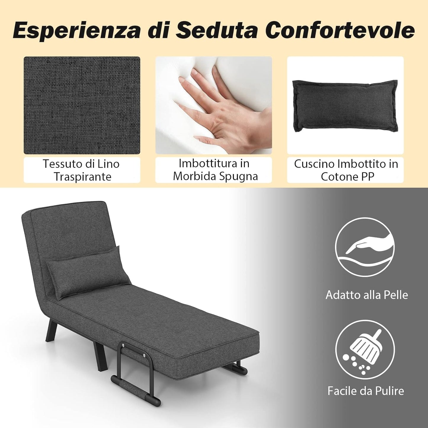 4 in 1 Poltrona Letto Singolo, Poltroncina Pieghevole con Schienale Regolabile in 6 Posizioni, Sedile Imbottito Robusto, Divano Letto per Casa Ufficio, 79x65x79 cm