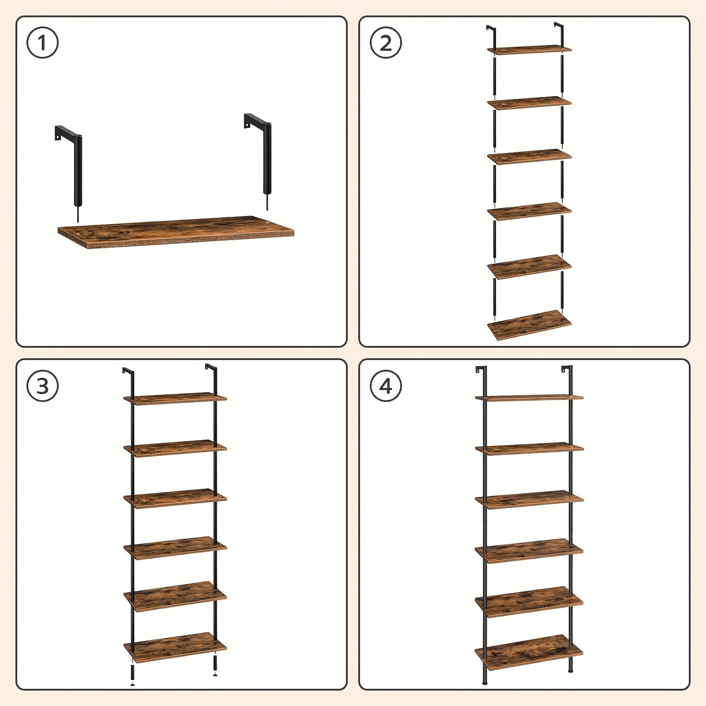 Libreria fai da te a 6 ripiani, scaffale a scala industriale, scaffalatura in truciolato, scaffalatura verticale da pavimento, con telaio di stabilizzazione in metallo, per ufficio domestico, soggiorno, marrone scuro