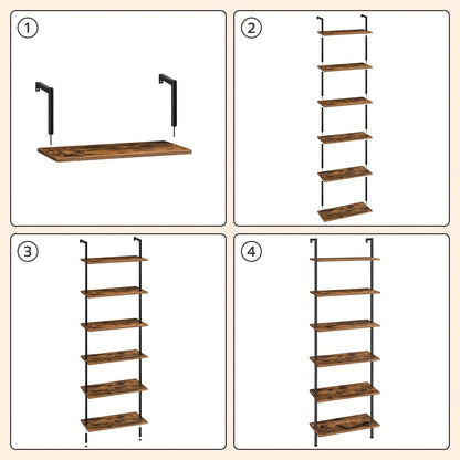 Libreria fai da te a 6 ripiani, scaffale a scala industriale, scaffalatura in truciolato, scaffalatura verticale da pavimento, con telaio di stabilizzazione in metallo, per ufficio domestico, soggiorno, marrone scuro