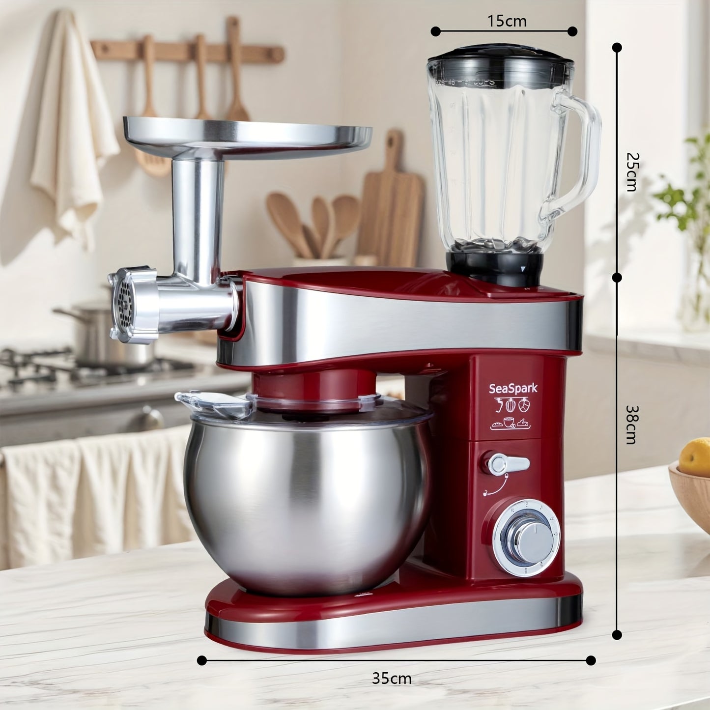 Robot da cucina 6 in 1, 1200W 6 velocità con pulsante a scatto, accessori con ciotola da 6L in acciaio inossidabile, impastatrice elettrica verticale, gancio per impasto, frusta, spatola, accessori per centrifuga, accessori per tritacarne e accessori per