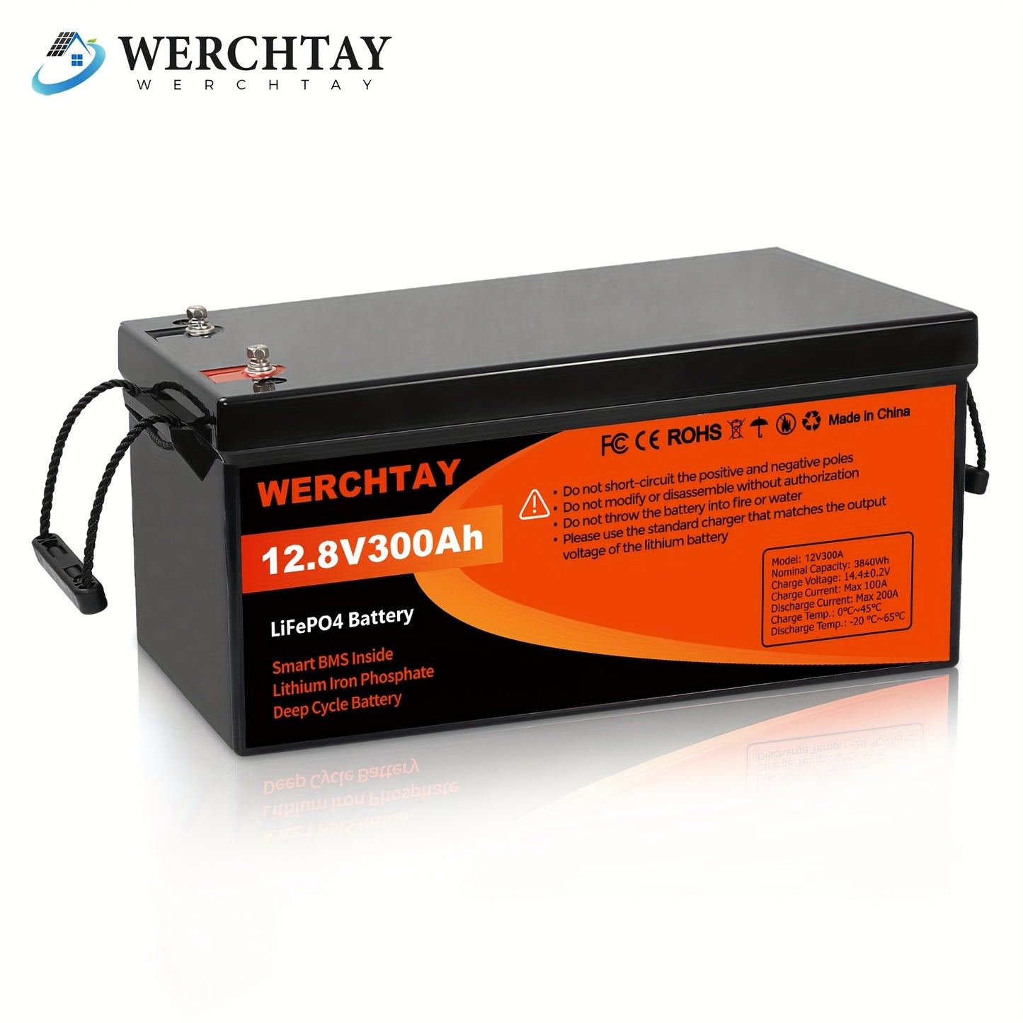 Batteria WERCHTAY 12.8V LiFePO4 300/200/100Ah, Dotata di Celle di Batteria di Grado A+, Oltre 25000 Cicli di Scarica Profonda, Protezione Intelligente BMS da Sovraccarica/Sottocarica, per Accumulo Energetico Domestico, Camper da Esterno, Applicazioni Sola