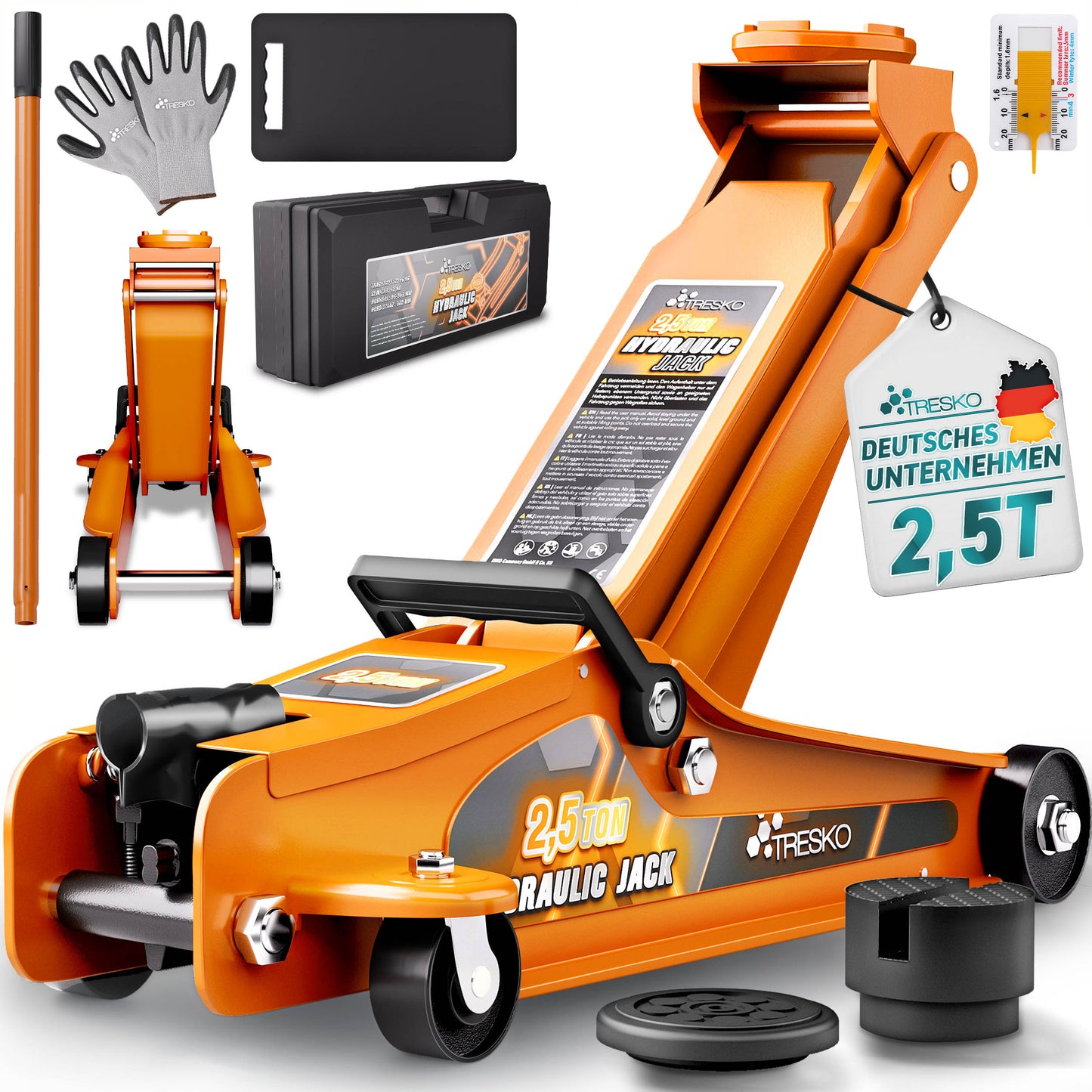 Cric idraulico per auto TRESKO® 2.5 - 3T | Cric idraulico per spostamento auto e SUV con ruote piane e a 360°, include 2 guarnizioni in gomma, tappetino protettivo, guanti