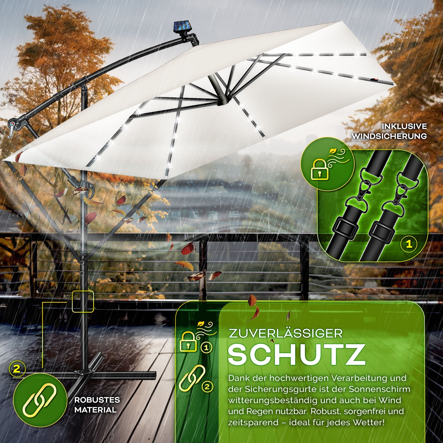 Tillvex® Tenda da Sole Rettangolare in Alluminio con LED Solare Ø 330 Cm + Copertura con Manovella | Ombrello Angolare con Luce Stradale, Supporto e Parabrezza | Grande Ombrello da Giardino in Alluminio con Protezione UV | Ombrello con Manovella, Ombrello