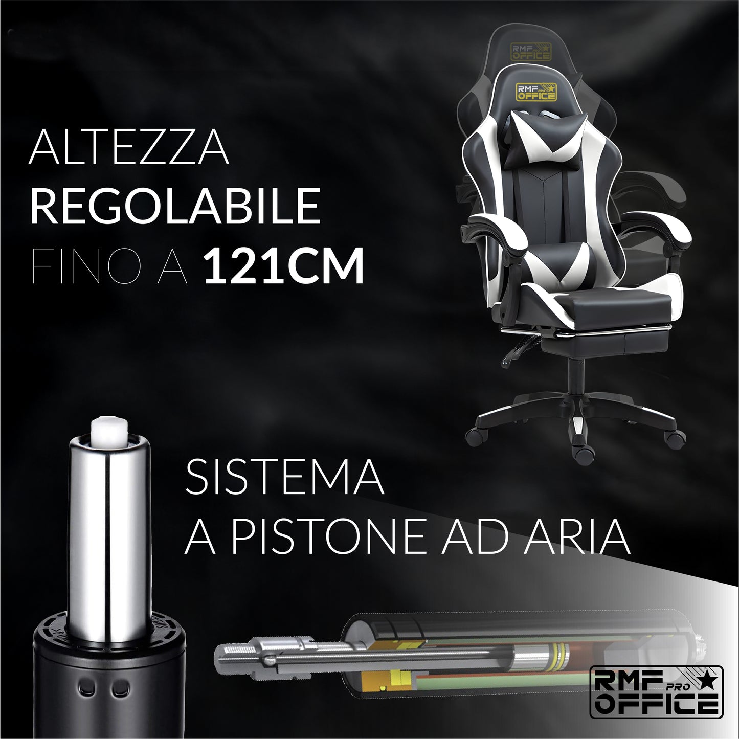 RMF Sedia Gaming Professionale Ergonomica Reclinabile, Poltrona Gaming Seduta Comoda e Rilassante con Poggiapiedi - Sedia per Gamer con Ruote Girevoli, Altezza Regolabile Nero