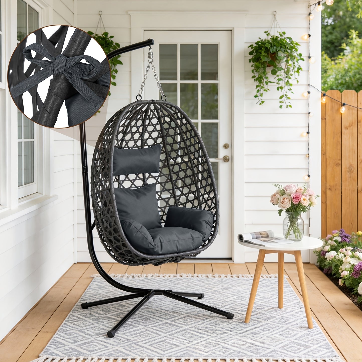 Sedia amaca 1 pz con supporto, portata massima 150 kg, robusta e stabile, oscillazione a 360°, altezza regolabile, sedia amaca in rattan PE con cuscino e poggiatesta, morbida e confortevole, installazione facile, adatta per uso interno ed esterno