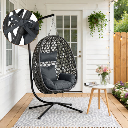 Sedia amaca 1 pz con supporto, portata massima 150 kg, robusta e stabile, oscillazione a 360°, altezza regolabile, sedia amaca in rattan PE con cuscino e poggiatesta, morbida e confortevole, installazione facile, adatta per uso interno ed esterno