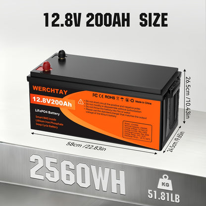 Batteria WERCHTAY 12.8V LiFePO4 300/200/100Ah, Dotata di Celle di Batteria di Grado A+, Oltre 25000 Cicli di Scarica Profonda, Protezione Intelligente BMS da Sovraccarica/Sottocarica, per Accumulo Energetico Domestico, Camper da Esterno, Applicazioni Sola