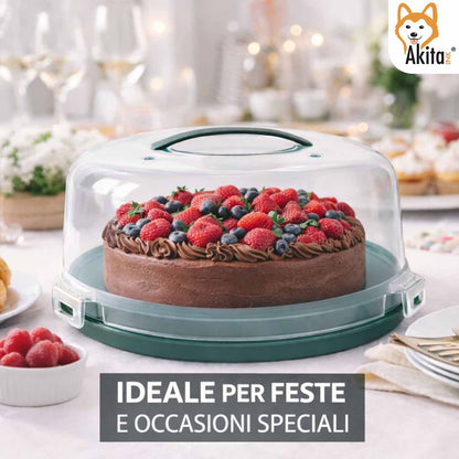 Porta Torta con Coperchio e Manico 28 cm - Campana Trasparente con 3 Chiusure di Sicurezza, Base Verde con Scomparti Portamuffin, H 15