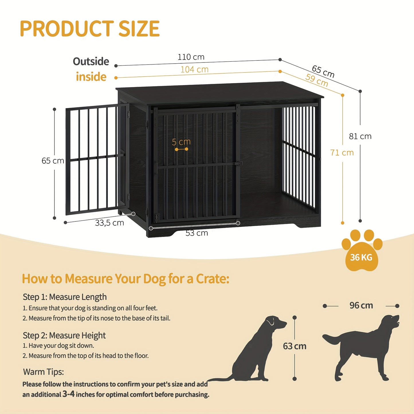 Gabbia per Cani Arredo, 110 cm Gabbia per Cani, 2 Ante, Gabbia Moderna per Interni, Adatta a Cani Piccoli/Medii/Grandi fino a 100 kg, Tavolino Laterale, Ante Scorrevoli Rinforzate, 65 x 110 x 81 cm, Nero/Bianco e Nero