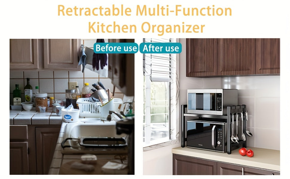Scaffale Estendibile per Microonde a 2 Livelli con 5 Ganci, Porta Taglieri e 3 Asciugamani, Scaffale per Cucina, Scaffale per Microonde e Forno da Piano, Estendibile 40-64 cm (Nero, Bianco)