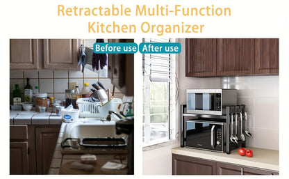 Scaffale Estendibile per Microonde a 2 Livelli con 5 Ganci, Porta Taglieri e 3 Asciugamani, Scaffale per Cucina, Scaffale per Microonde e Forno da Piano, Estendibile 40-64 cm (Nero, Bianco)