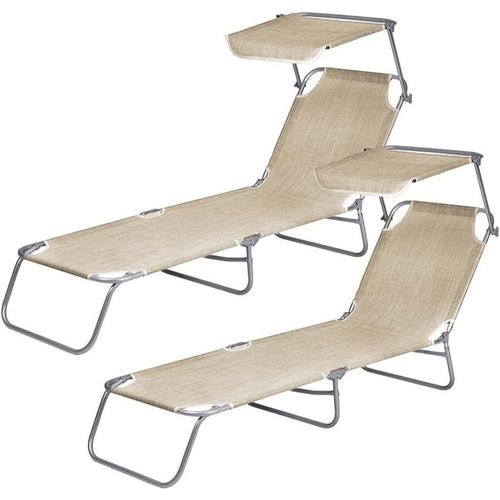 2 Lettini Prendisole Pieghevoli con Tetto Parasole, Misura 180x55x90 cm, Tessuto Textilene, Struttura Metallo Tubolare da 18mm, per Spiaggia, Piscina, Giardino, Peso Max 120kg