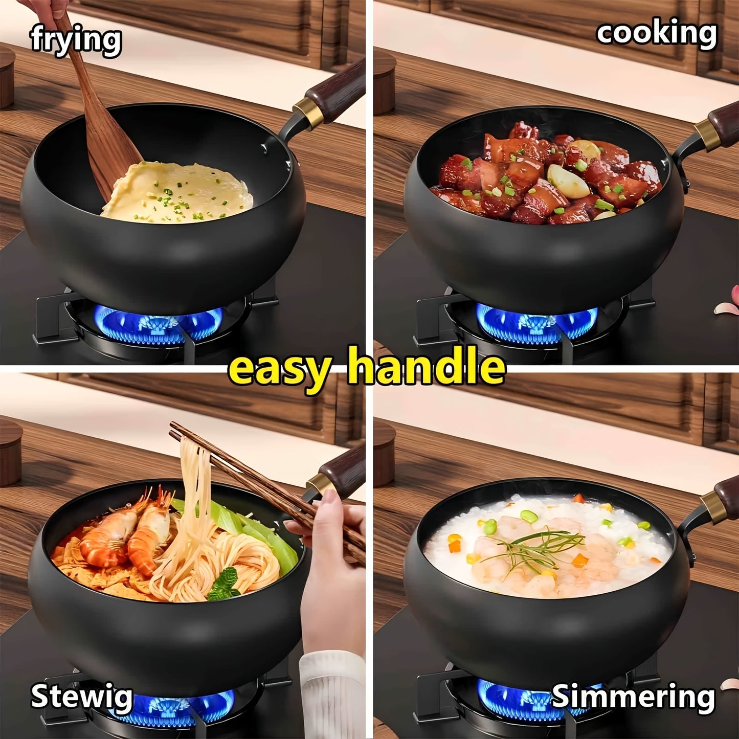 1 Pentola Grande in Ferro con Coperchio e Manico in Legno, con Distribuzione Rapida e Uniforme del Calore. Pentola Profonda con Rivestimento Antiaderente, Perfetta per Saltare in Padella in Modo Sano, Casseruola per Cuocere a Fuoco Lento le Zuppe