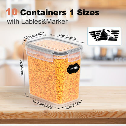 10 contenitori ermetici per alimenti da 1.6L con coperchi per l'organizzazione e lo stoccaggio in dispensa, contenitori ermetici per alimenti e barattoli per spezie, set di barattoli in plastica per la conservazione in frigorifero, camper, cereali, pasta,