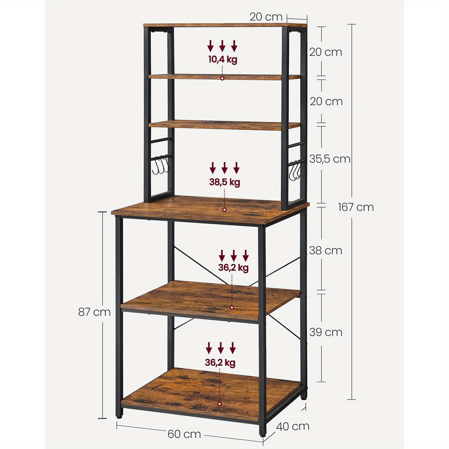 VASAGLE Scaffale Portaoggetti da Cucina, Stazione Caffè, Griglia da Forno, con 6 Ripiani e 6 Ganci, Adatto per Microonde, Struttura in Acciaio, Stile Industriale, Dimensioni 40 X 60 X 167 Cm