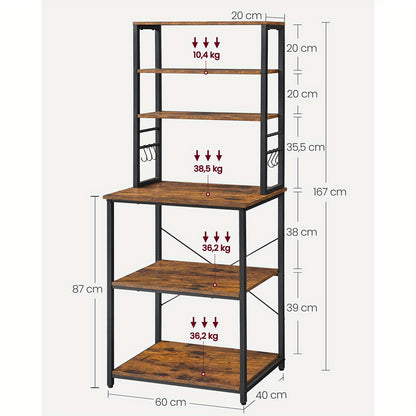 VASAGLE Scaffale Portaoggetti da Cucina, Stazione Caffè, Griglia da Forno, con 6 Ripiani e 6 Ganci, Adatto per Microonde, Struttura in Acciaio, Stile Industriale, Dimensioni 40 X 60 X 167 Cm