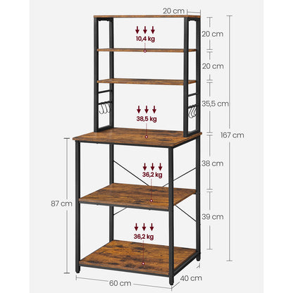 VASAGLE Scaffale Portaoggetti da Cucina, Stazione Caffè, Griglia da Forno, con 6 Ripiani e 6 Ganci, Adatto per Microonde, Struttura in Acciaio, Stile Industriale, Dimensioni 40 X 60 X 167 Cm