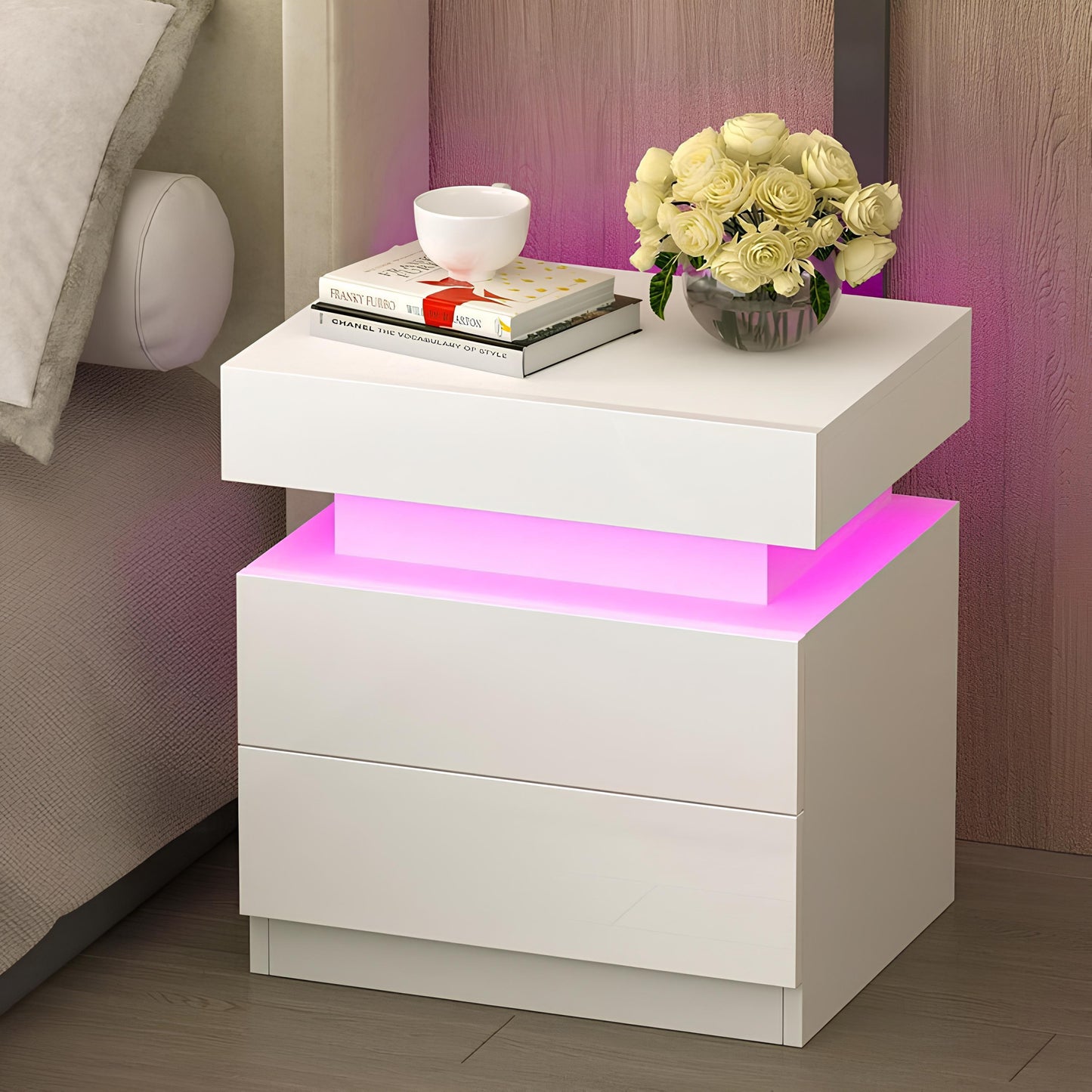 Comodino Lucido con 2/3 Cassetti, Comodino LED e Moderno Scrivania, Tavolino Laterale con Illuminazione LED a 16 Colori per Soggiorno, 45X35X55Cm / 45X35X67Cm, Bianco/Nero